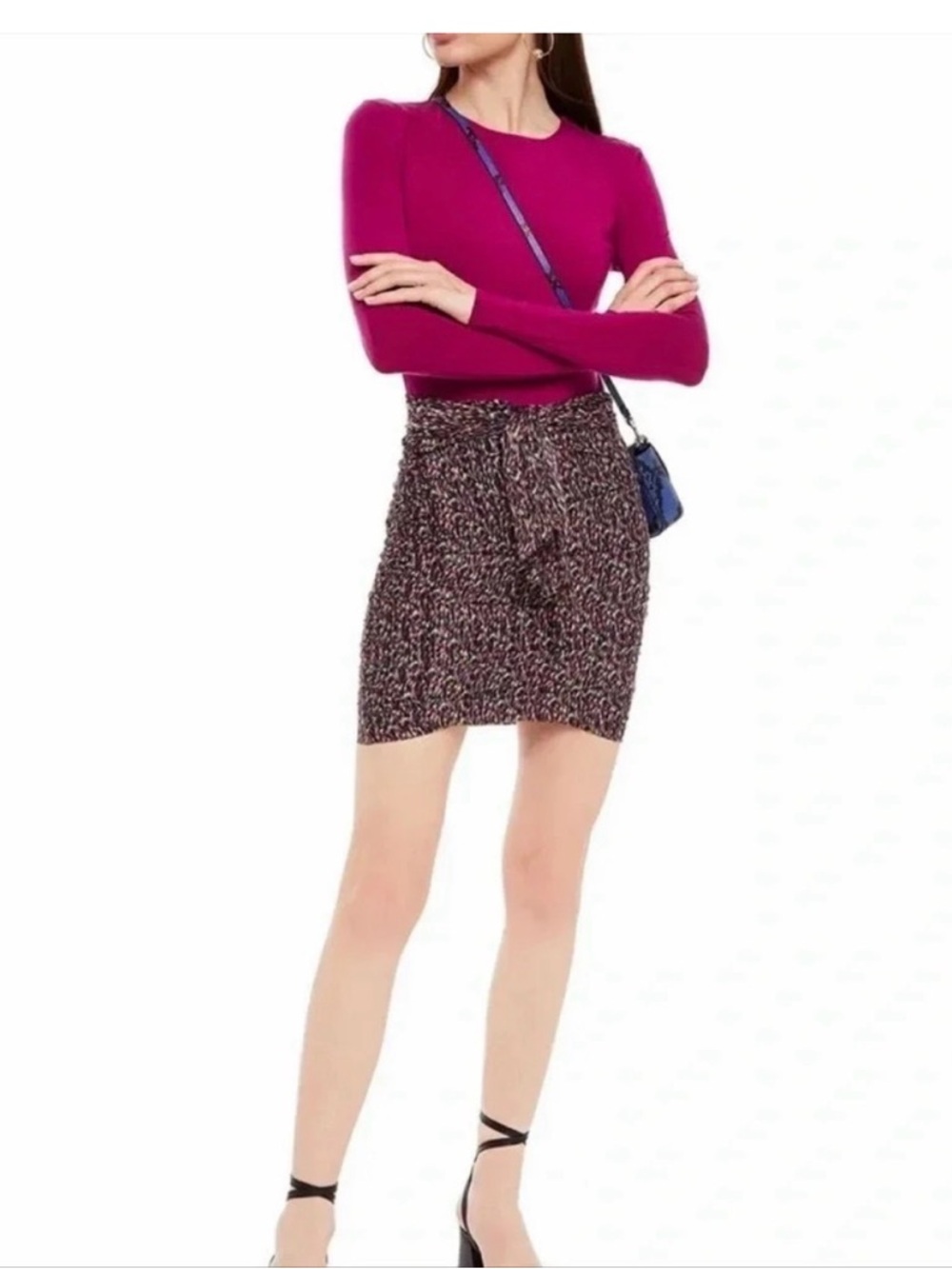 ba&sh Multicolor Tweed Tie-Waist Mini Skirt with Pink Accents